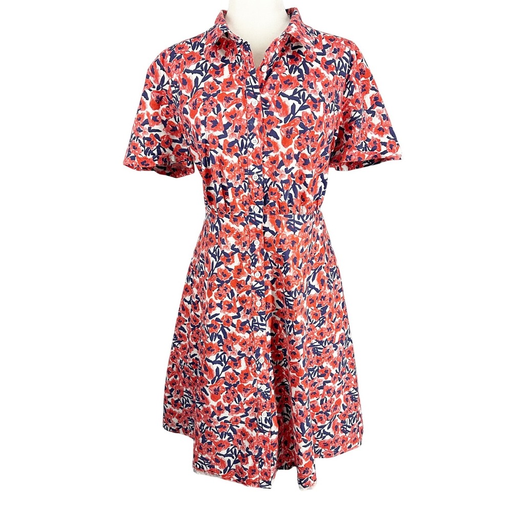 1901 Cotton Floral Red Navy Short Sleeve Shirtdress Womens Size XL Preppy USA